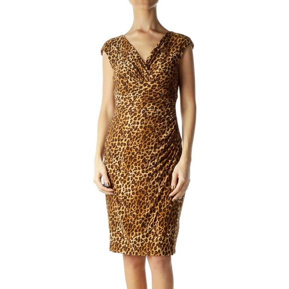 Lauren Ralph Lauren Dresses & Skirts - Lauren Ralph Lauren Leopard Scrunched V Neck Dress Brown Women's Size 14 H13161